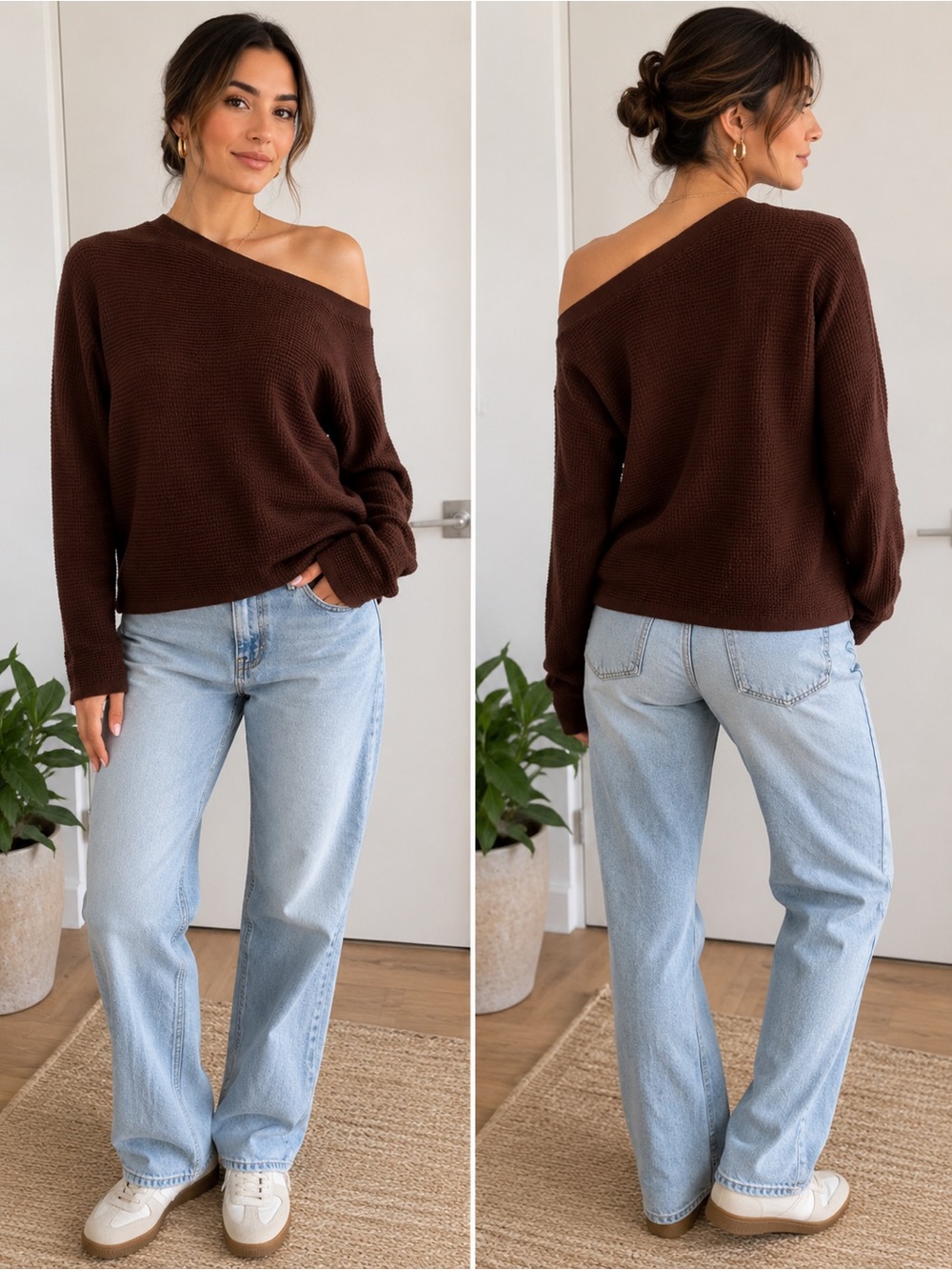 Treasure & Bond Brown Off-Shoulder Knit Sweater Size Small